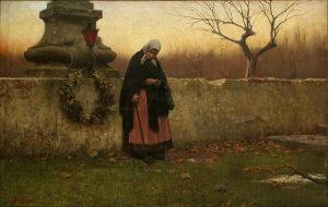 The Origins of Halloween and Allhallowtide 1 Oil painting of a woman laying a wreath on a gravestone. Halloween, Allhallowtide